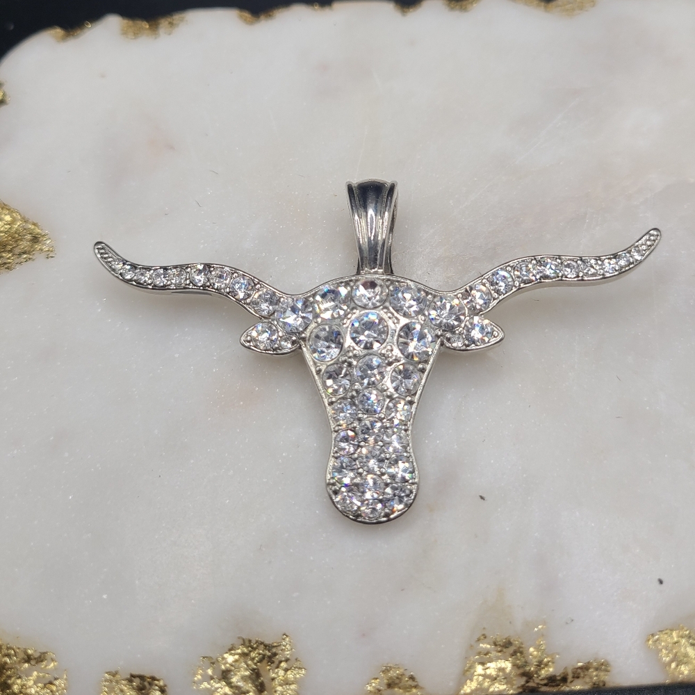 Longhorn Pendant Silver With Rhinestones Magnetic Closure UT Bevo Texas 3"